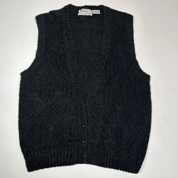 Vtg 80s Georgios Sportswear Women Cardigan Sleeveless Sweater Black V Neck Sz M - Picture 3 of 5